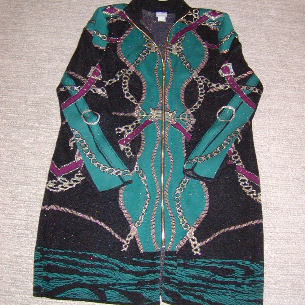 Chico's Size 3 (XL). Long Zip sweater.  Black/Green/Gold classic design